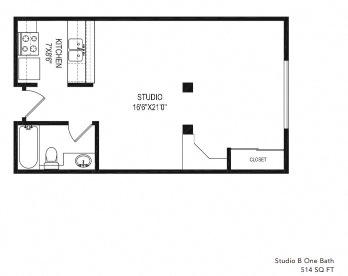 Floor plan for studio, 1 bath, 514 sqft
